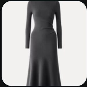 OGL Petite Long Sleeve Mockneck Tucks Midi Dress  Charcoal Blue PM Petite Medium